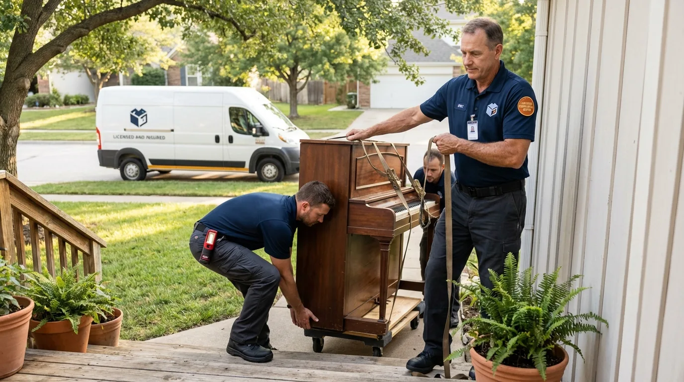 Licensed piano movers securing grand piano in Arlington, TN