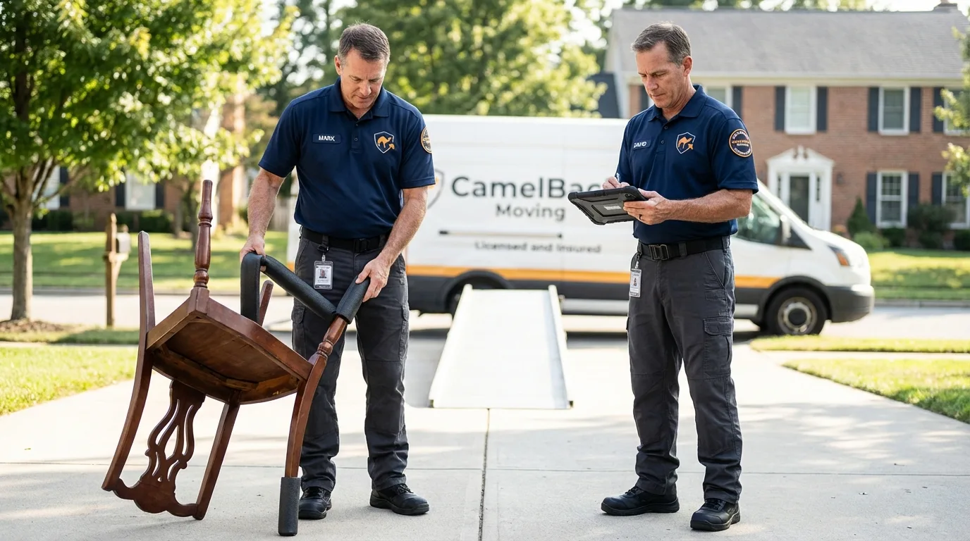 Movers inspecting furniture for damage prevention before loading in Arlington, TN