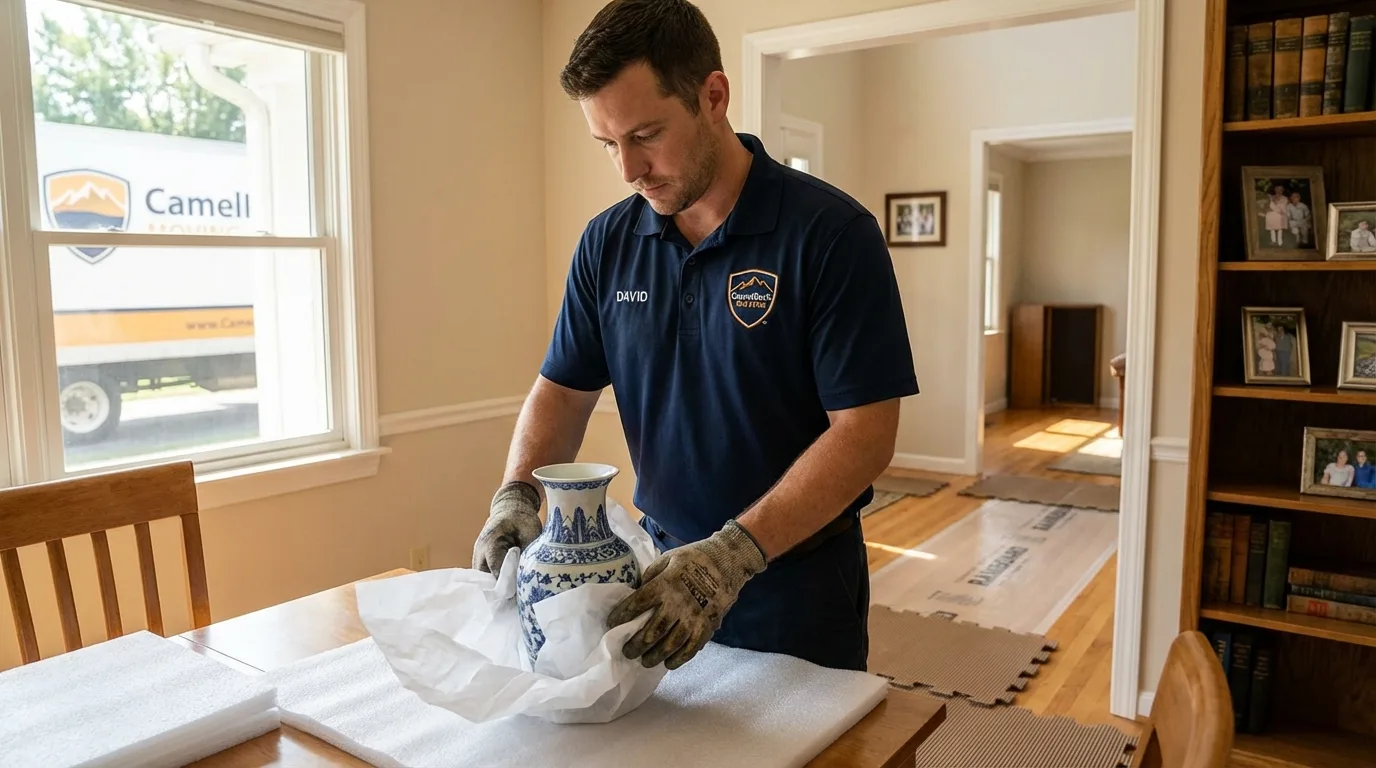 Professional crew carefully wrapping antique vase for senior downsizing move in Arlington, TN
